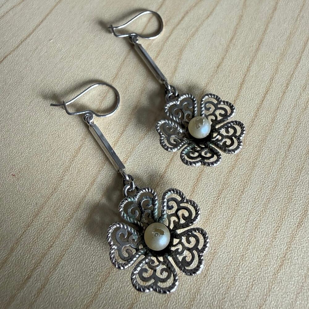 Vintage Van Dell Sterling Silver Flower Dangle Earrings Faux Pearl Drop Signed